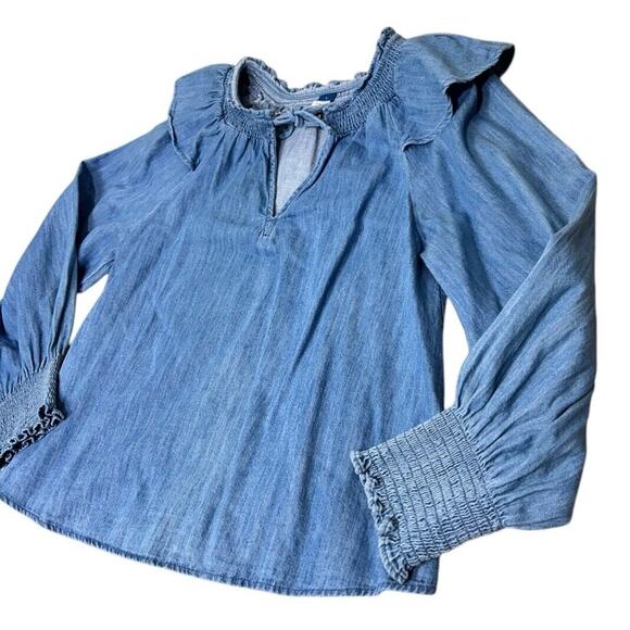 Old Navy Puff Sleeve Non-Stretch Jean Ruffle-Trimmed Poet Blouse Sz Small Denim - Picture 9 of 10